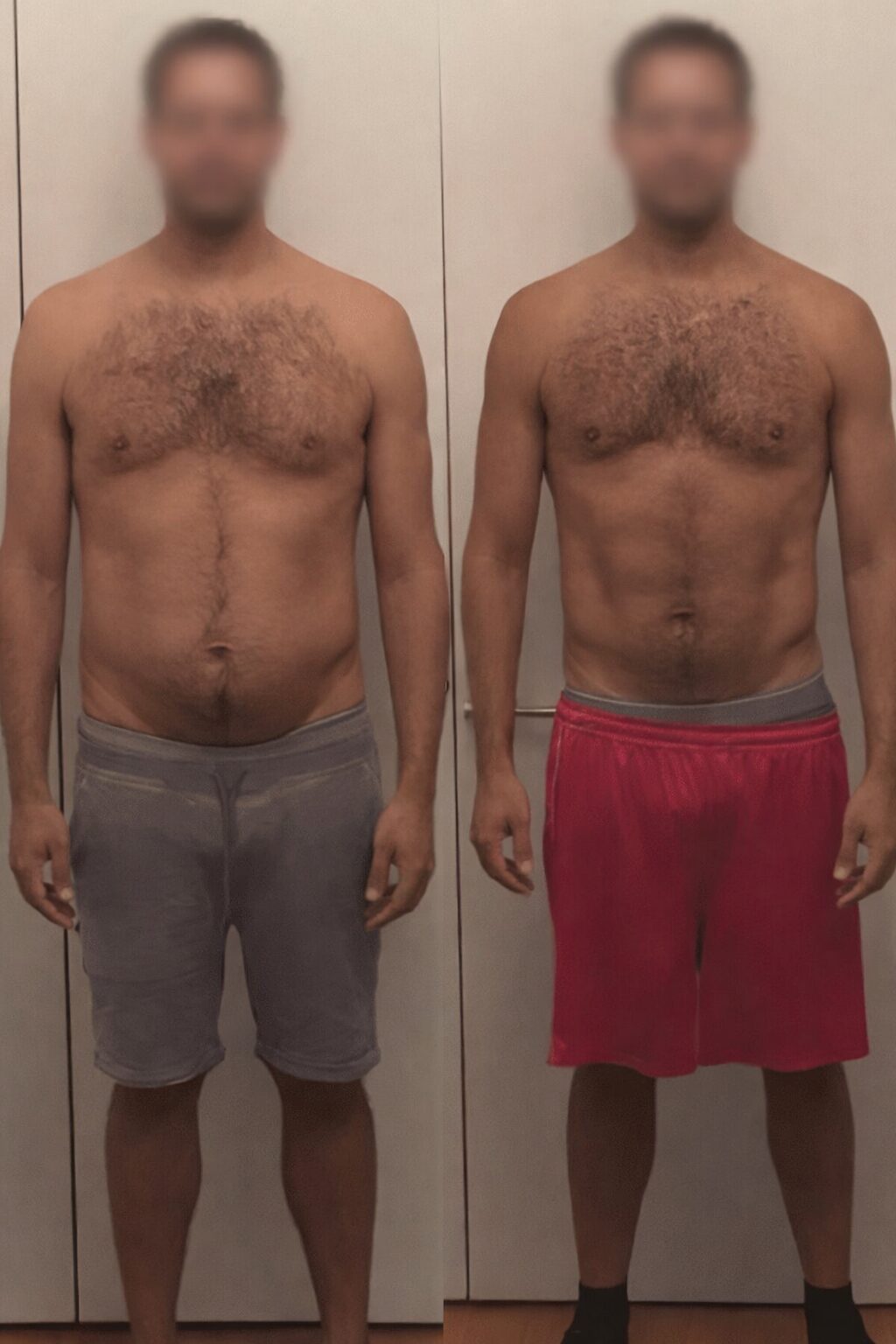 Before and after photos show man's weight loss progress.