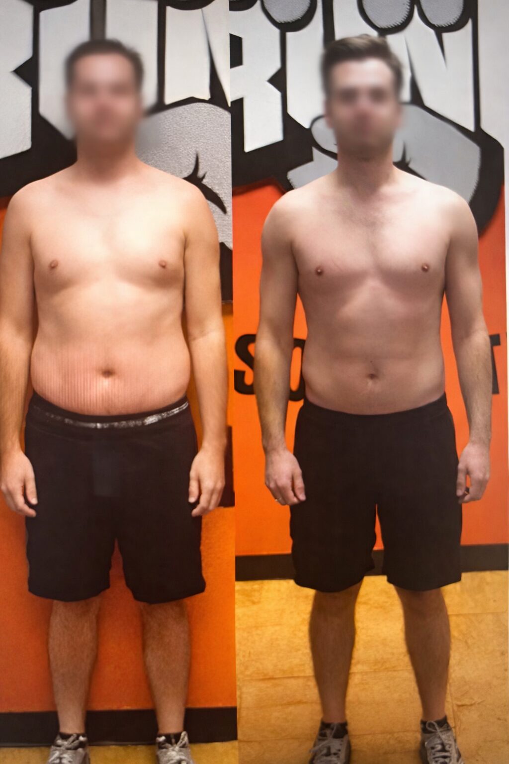 Before and after weight loss transformation of a man in black shorts.